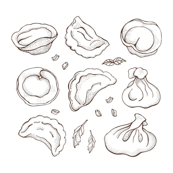 Vector set van dumplings met Spice. Schets hand getekende ravioli. Vareniki. Pelmeni. Vlees knoedels. Voedsel. Koken. Nationale gerechten. Producten van het deeg en vlees. — Stockvector