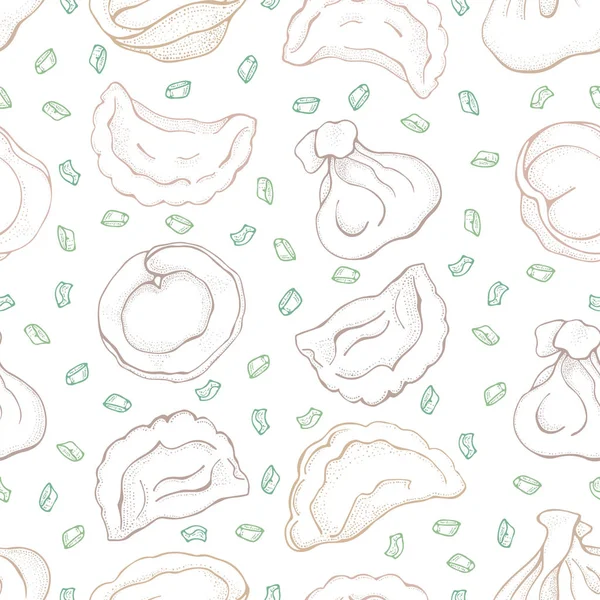 Baharat ile köfte Dikişsiz deseni. Mantı. Vareniki. Pelmeni. Gıda. Yemek. Ulusal yemekler. Hamur ve etten ürünler. Çizim el arka plan çizilmiş. Restoran Menüsü için