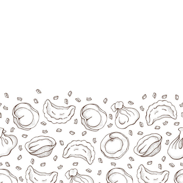 Бесшовная граница пельменей со специями. Равиоли. Вареники. Пельмени. Еда. Готовить. Национальные блюда. Продукты из теста и мяса. Ручной рисунок фона. Шаблон для меню ресторана
