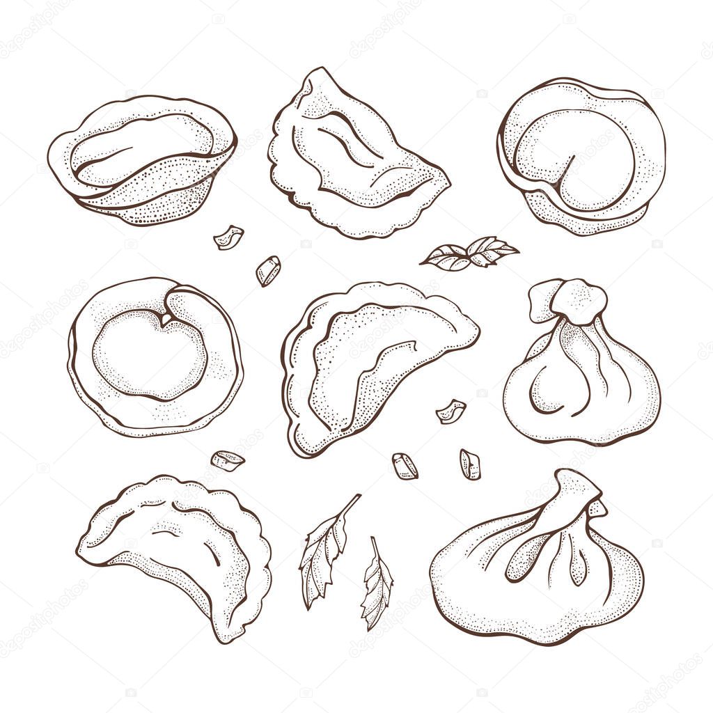 Vector set of dumplings with spice. Sketch hand drawn Ravioli. Vareniki. Pelmeni. Meat dumplings. Food. Cooking. National dishes. Products from the dough and meat.