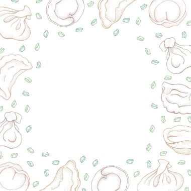 Baharat ile köfte vektör arka plan. Sketch el Ravioli çizilmiş. Vareniki, ne kadar. Pelmeni, ne? Et köftesi. Gıda. Yemek. Ulusal yemekler. Hamur ve et ürünleri. Restoran menüsü için, kartlar