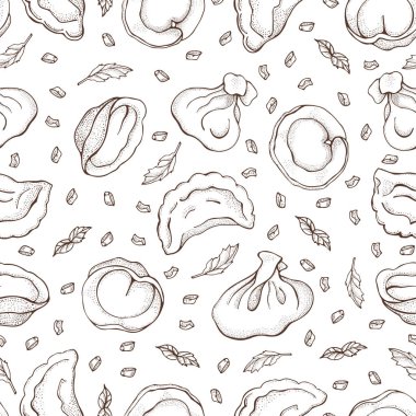 Baharat ile köfte Dikişsiz deseni. Mantı. Vareniki. Pelmeni. Gıda. Yemek. Ulusal yemekler. Hamur ve etten ürünler. Çizim el arka plan çizilmiş. Restoran Menüsü için