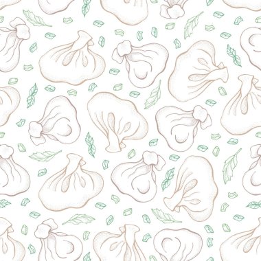 Baharat ile köfte Dikişsiz deseni. Mantı. Vareniki. Pelmeni. Gıda. Yemek. Ulusal yemekler. Hamur ve etten ürünler. Çizim el arka plan çizilmiş. Restoran Menüsü için