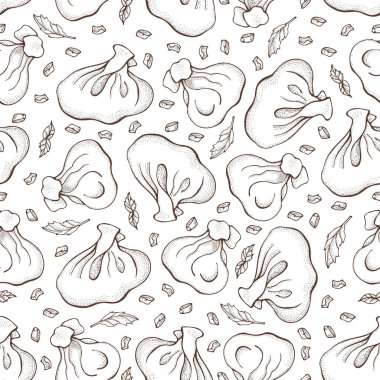 Baharat ile köfte Dikişsiz deseni. Mantı. Vareniki. Pelmeni. Gıda. Yemek. Ulusal yemekler. Hamur ve etten ürünler. Çizim el arka plan çizilmiş. Restoran Menüsü için