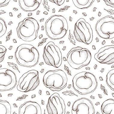 Baharat ile köfte Dikişsiz deseni. Mantı. Vareniki. Pelmeni. Gıda. Yemek. Ulusal yemekler. Hamur ve etten ürünler. Çizim el arka plan çizilmiş. Restoran Menüsü için