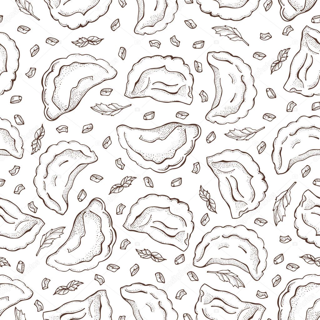 Seamless pattern of dumplings with spice. Ravioli. Vareniki. Pelmeni. Food. Cooking. National dishes. Products from the dough and meat. Sketch hand drawn background. For restaurant menu