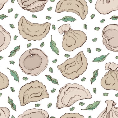 Baharat ile köfte Dikişsiz deseni. Mantı. Vareniki. Pelmeni. Gıda. Yemek. Ulusal yemekler. Hamur ve etten ürünler. Karikatür el arka plan çizilmiş. Restoran Menüsü için