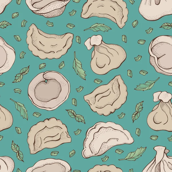 Naadloos patroon van dumplings met Spice. Ravioli. Vareniki. Pelmeni. Voedsel. Koken. Nationale gerechten. Producten van het deeg en vlees. Cartoon hand getekende achtergrond. Voor restaurant menu — Stockvector