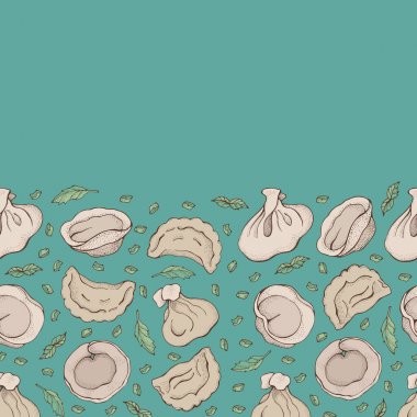 Baharat ile köfte Dikişsiz sınır. Mantı. Vareniki. Pelmeni. Gıda. Yemek. Ulusal yemekler. Hamur ve etten ürünler. Karikatür el arka plan çizilmiş. Restoran Menüsü Için desen