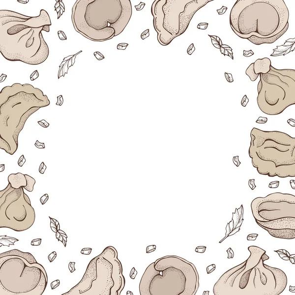 Vector achtergrond van dumplings met Spice. Cartoon hand getekende ravioli. Vareniki. Pelmeni. Vlees knoedels. Voedsel. Koken. Nationale gerechten. Producten van het deeg en vlees. Voor restaurant menu — Stockvector