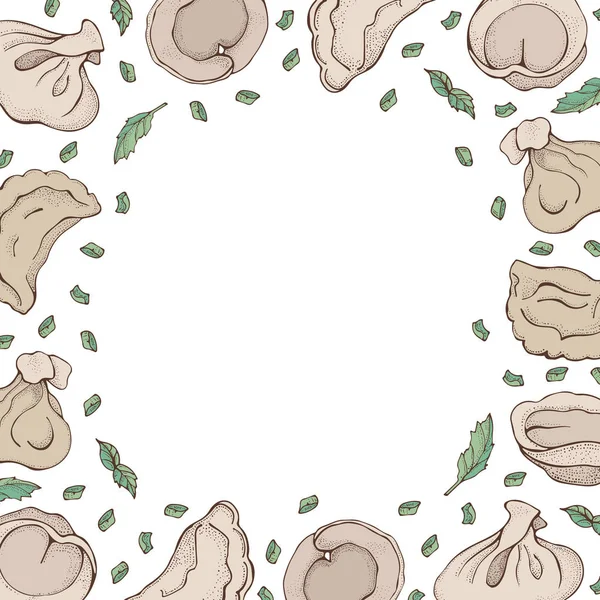 Vector achtergrond van dumplings met Spice. Cartoon hand getekende ravioli. Vareniki. Pelmeni. Vlees knoedels. Voedsel. Koken. Nationale gerechten. Producten van het deeg en vlees. Voor restaurant menu — Stockvector