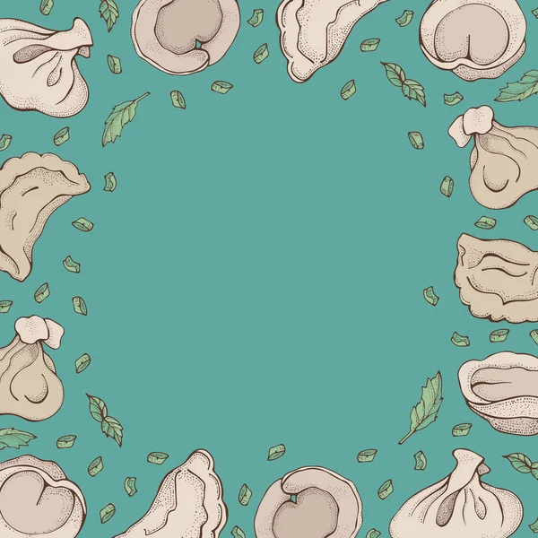 Vector achtergrond van dumplings met Spice. Cartoon hand getrokken ravioli op blauw. Vareniki. Pelmeni. Vlees knoedels. Voedsel. Koken. Nationale gerechten. Producten van het deeg en vlees. Voor restaurant menu — Stockvector