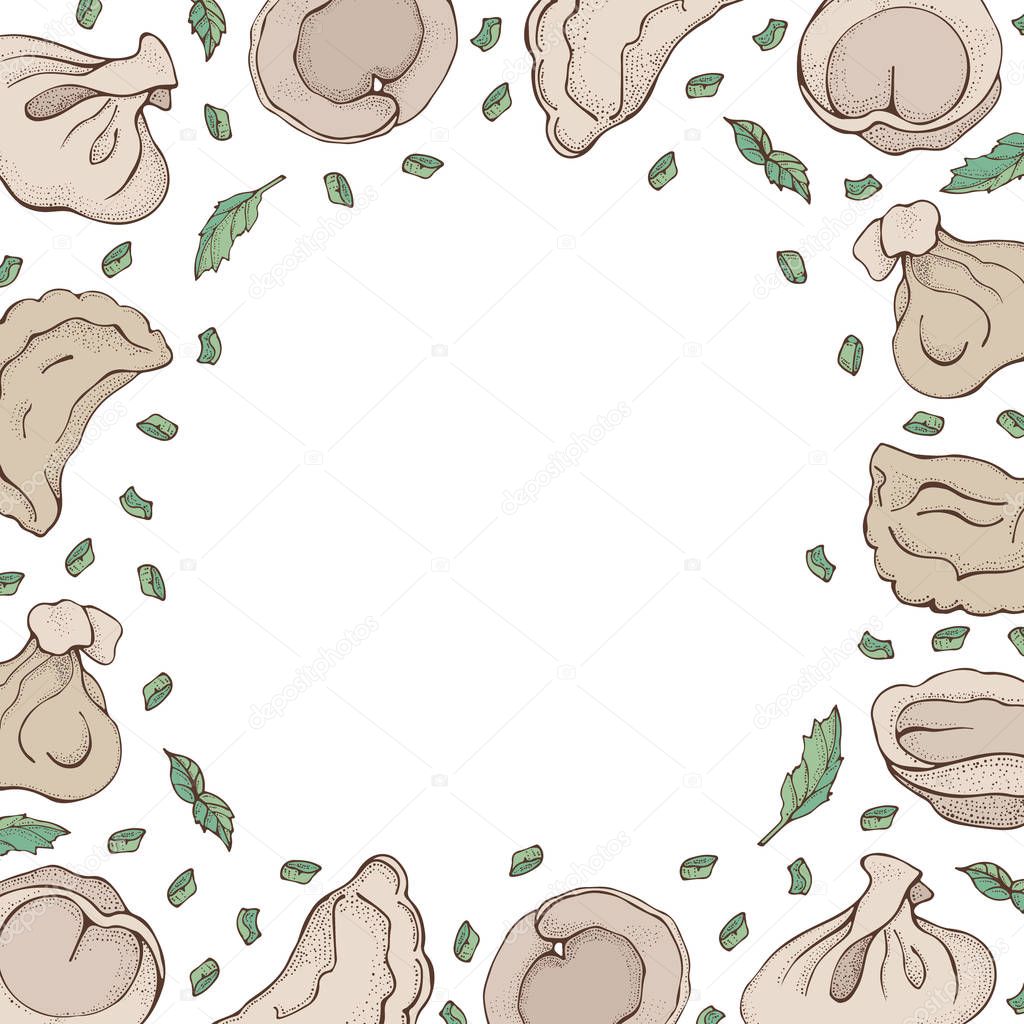 Vector background of dumplings with spice. Cartoon hand drawn Ravioli. Vareniki. Pelmeni. Meat dumplings. Food. Cooking. National dishes. Products from the dough and meat. For restaurant menu