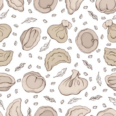 Baharat ile köfte Dikişsiz deseni. Mantı. Vareniki. Pelmeni. Gıda. Yemek. Ulusal yemekler. Hamur ve etten ürünler. Karikatür el arka plan çizilmiş. Restoran Menüsü için