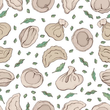 Baharat ile köfte Dikişsiz deseni. Mantı. Vareniki. Pelmeni. Gıda. Yemek. Ulusal yemekler. Hamur ve etten ürünler. Karikatür el arka plan çizilmiş. Restoran Menüsü için