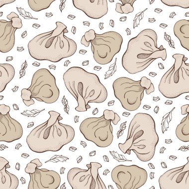 Baharat ile köfte Dikişsiz deseni. Mantı. Vareniki. Pelmeni. Gıda. Yemek. Ulusal yemekler. Hamur ve etten ürünler. Karikatür el arka plan çizilmiş. Restoran Menüsü için