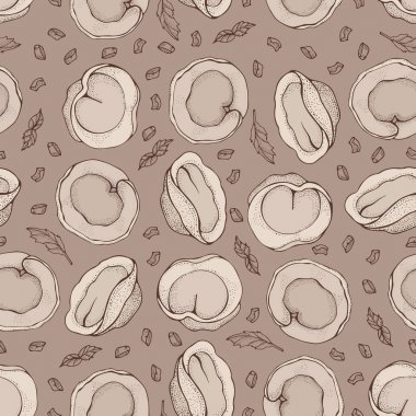 Baharat ile köfte Dikişsiz deseni. Mantı. Vareniki. Pelmeni. Gıda. Yemek. Ulusal yemekler. Hamur ve etten ürünler. Kahverengi arka planda karikatür vektör. Restoran Menüsü için