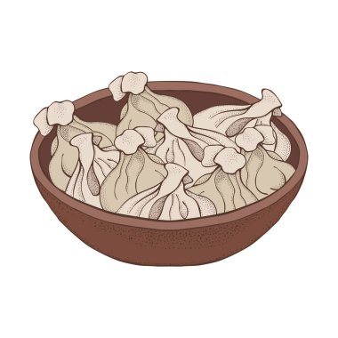 Bir tabak köfte. Karikatür el Ravioli çizilmiş. Vareniki, ne kadar. Pelmeni, ne? Et köftesi. Gıda. Yemek. Ulusal yemekler. Beyaz üzerine isilated hamur ve et ürünleri