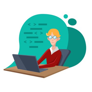 The young programmer is working on a laptop. Coding, creation of new websites, software or applications. Web development business concept. Flat vector illustration.