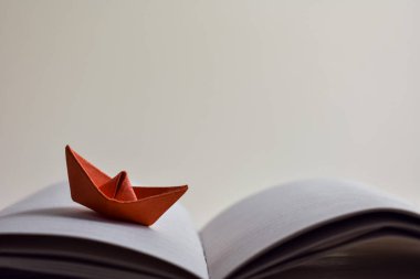 Kağıt, kırmızı tekne, açık origami, arka planda günlüğün boş sayfaları. Metnin için yer.