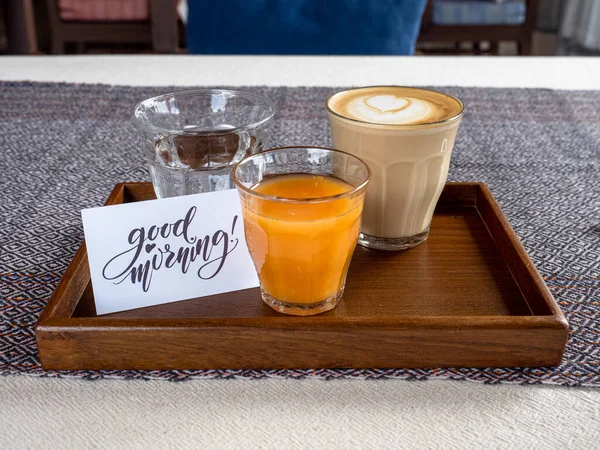 Good Morning! Let\'s start a new day with a set of delicious drinks. Breakfast set From Chiang-Mai, Thailand : water, orange juice, Latte coffee