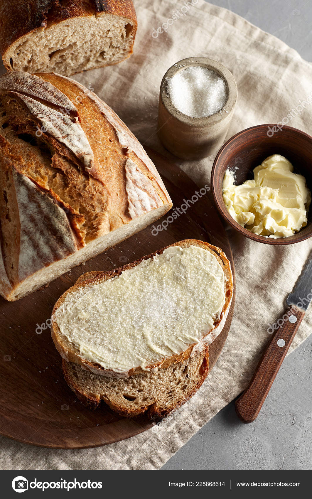 Artisan Sliced Toast Bread Butter Sugar Wooden Cutting Board Simple Stock Photo C Belkantus