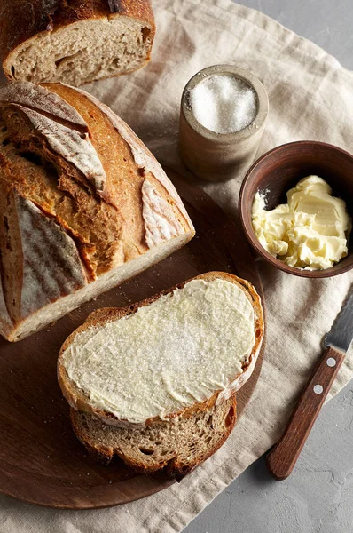 Artisan Sliced Toast Bread With Butter And Sugar On Wooden Cutting Board Simple Breakfast On Grey Concrete Background Top View Fermer Ciabatta Stock Photo Artisan Sliced Toast Bread With Butter And Sugar On Wooden Cutting Board Simple Breakfast On Grey Concrete Background Top View Fermer Ciabatta Stock Photo