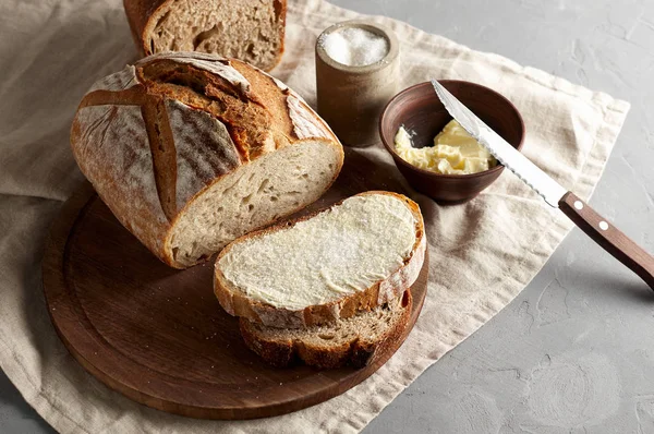 Artisan Sliced Toast Bread With Butter And Sugar On Wooden Cutting Board Simple Breakfast On Grey Concrete Background Top View Fermer Ciabatta Stock Photo Artisan Sliced Toast Bread With Butter And Sugar On Wooden Cutting Board Simple Breakfast On Grey Concrete Background Top View Fermer Ciabatta Stock Photo