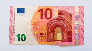 Kağıt banknot veya para beyaz arka plan, para birimi veya Avrupa Birliği Monet, ters veya on avro yüz.
