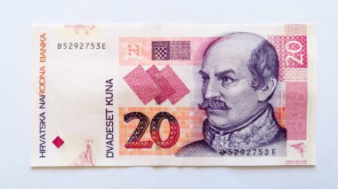 Hırvatistan 'ın beyaz arka planı, para birimi veya monetine izole edilmiş kağıt banknot veya para, ters veya yirmi Hırvat kunasının yüzüne.