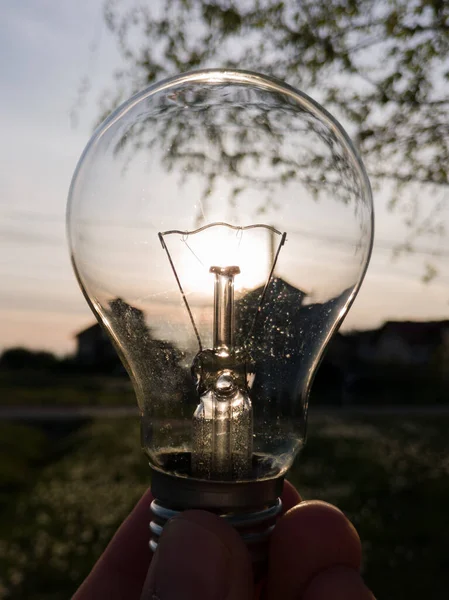 Electric light bulb in hand against the sun during the evening