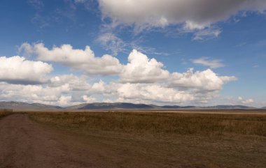 Hakassia bozkırında yere yakın büyük beyaz bulutlar. Bozkırda uzanan geniş toprak yolu olan manzara..