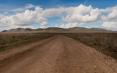 Bozkırdan tepelere kadar uzanan geniş toprak yolu olan bir manzara. Hakassia 'da toprak köy yolu.