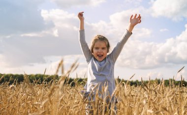 Küçük neşeli kız buğday tarlasında dans ediyor, zıplıyor ve gülüyor. Elleri havada atlayan bir kız. Seçici odaklanma. Sarı buğday tarlası.