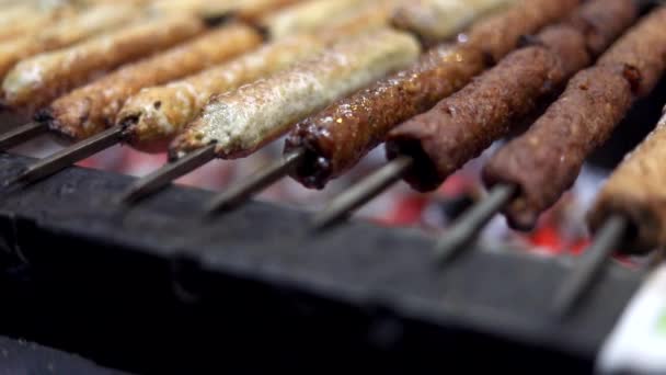 Close Van Mutton Seekh Kabab Kip Wordt Gebarbecued Houtskoolgrill Bij — Stockvideo
