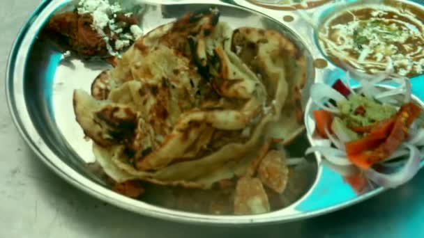 Stuffed Indian Bread Naan Thali Dal Makhni Paneer Salad Raita — Stock Video