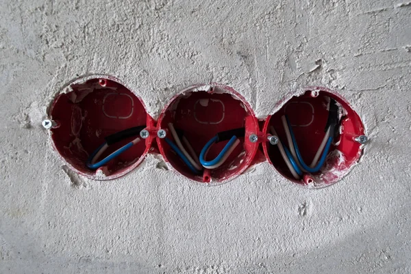 Power Socket Boxes Renovation Apartment Installation New Sockets Plastered Wall — Stock Photo, Image