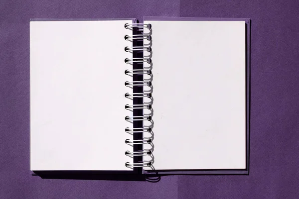 Caderno Aberto Uma Primavera Fundo Roxo Mockup Espaço Para Texto — Fotografia de Stock