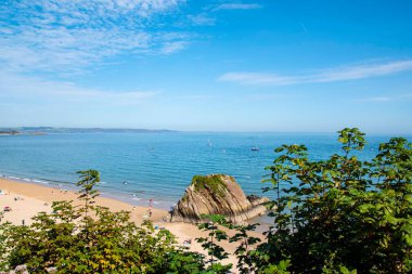 Tenby North kumsalının kumlu sahilinde Goskar kayasının tepesi kumun ortasına yapışmıştı.. 