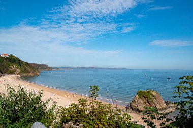 Tenby North kumsalının kumlu sahilinde Goskar kayasının tepesi kumun ortasına yapışmıştı.. 