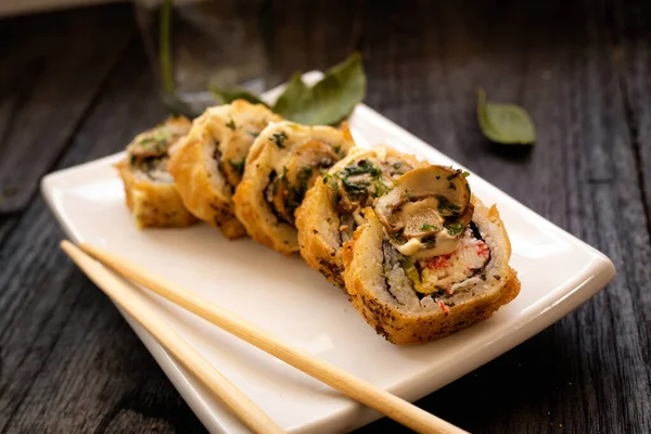 Homemade sushi with mushrooms and crab — Stock Image Homemade Sushi Mushrooms Crab Stock Image