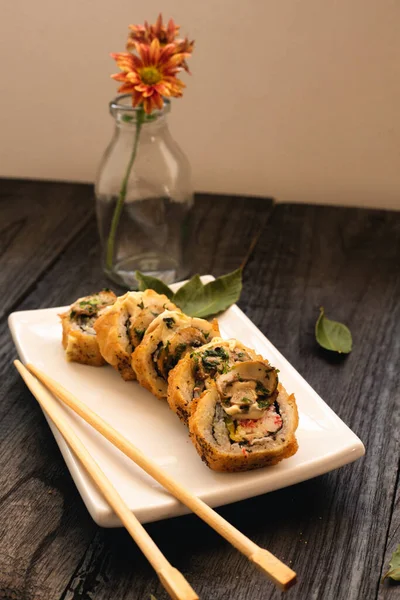 Sushi with mushrooms made at home and set on table — Stock Image Sushi Mushrooms Made Home Set Table Royalty Free Stock Photos