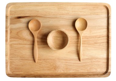 kase ve iki kaşık ahşap Ahşap plaka üzerinde yapılan