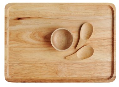kaşık ve küçük kase ile boş ahşap plaka