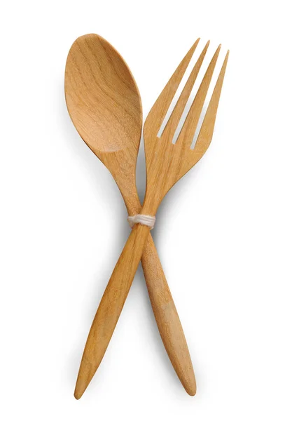 Fork Spoon Made Bamboo Wooden Isolate White Background — Stock Photo, Image