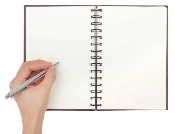 Caderno Branco Aberto Isolado Fundo Branco Com Escrita Mão — Fotografia de Stock