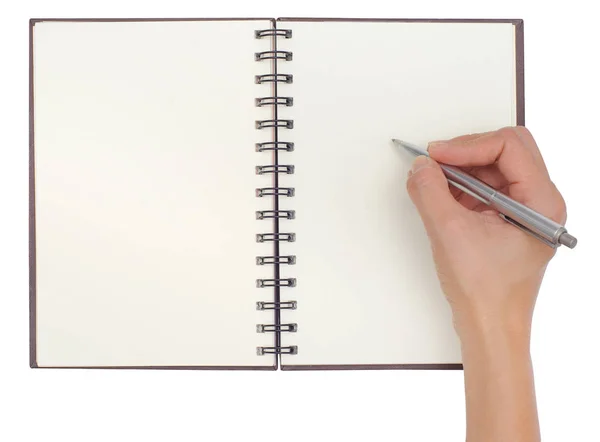 Caderno Branco Aberto Isolado Fundo Branco Com Escrita Mão — Fotografia de Stock