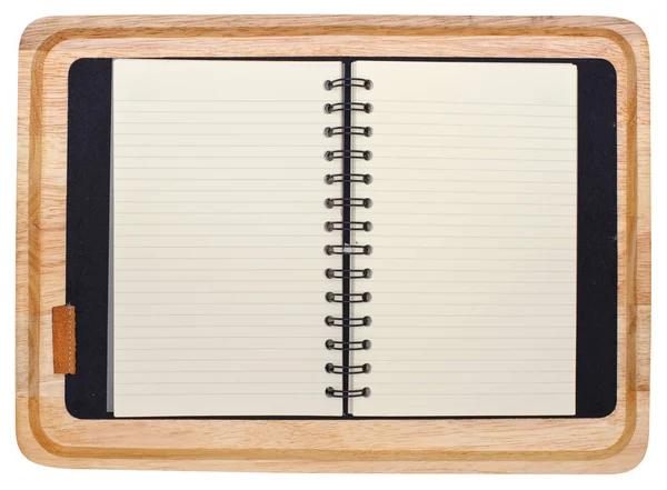 Ανοίξτε Κενό Σημειωματάριο Στυλό Είναι Στο Ξύλινο Πιάτο — Φωτογραφία Αρχείου