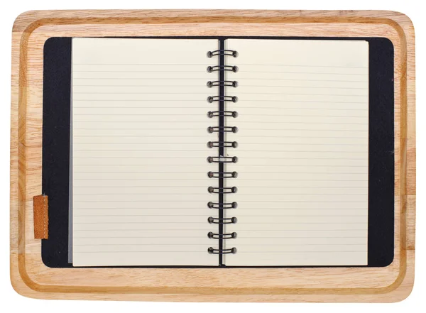 Cuaderno Blanco Abierto Con Pluma Está Placa Madera — Foto de Stock