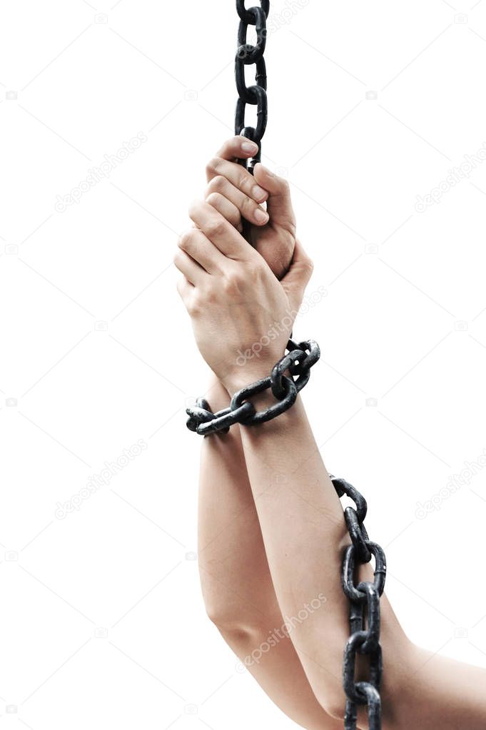 Chained with women Hands is on white background with clipping path